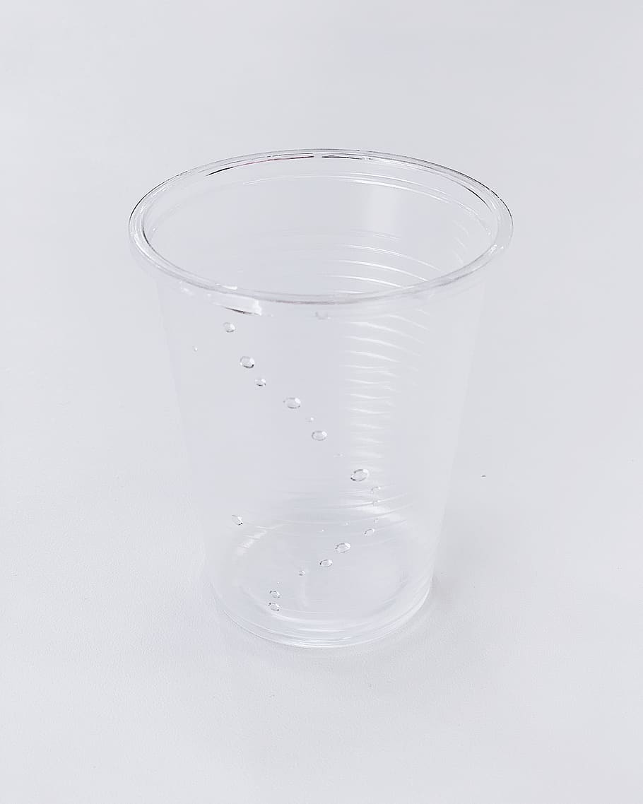 clear plastic drinking cup, white background, household equipment HD wallpaper
