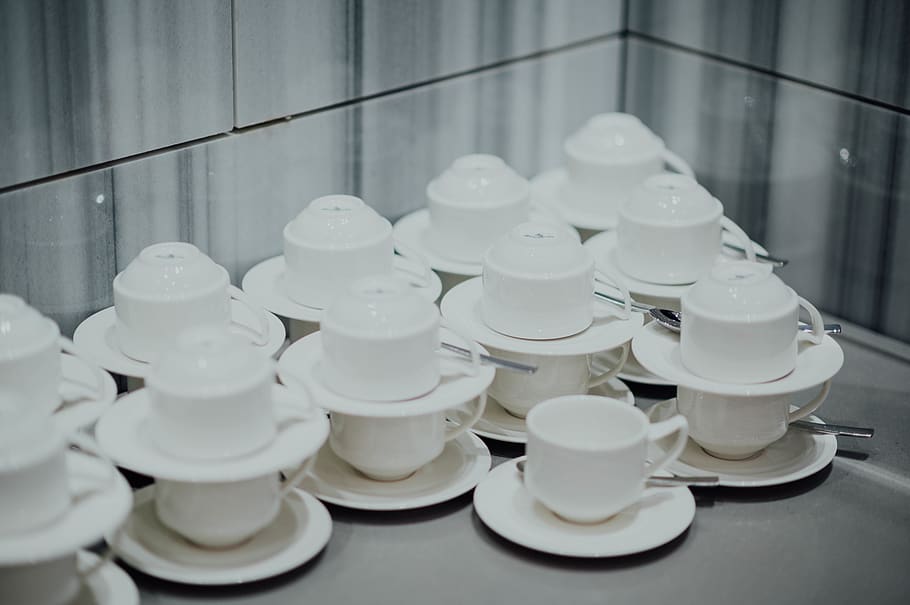 stack of mugs and saucers, pottery, cup, coffee cup, plant, art HD wallpaper