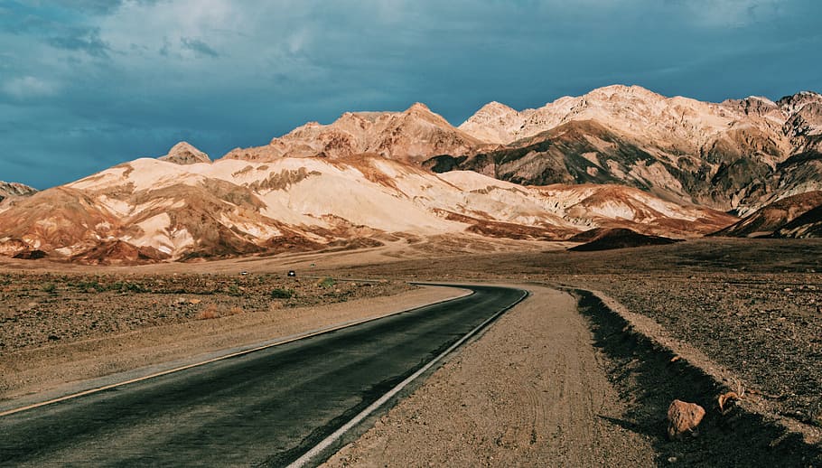 road with mountains, rock, cloud, sky, curve, perspective, road trip HD wallpaper
