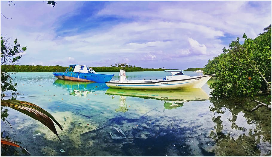 maldives, funadhoo, sky, river, lake, boat, pond, sea, nautical vessel HD wallpaper