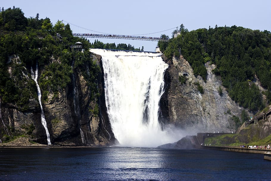 canada, quebec city, forest, falls, view, trees, waterfall HD wallpaper