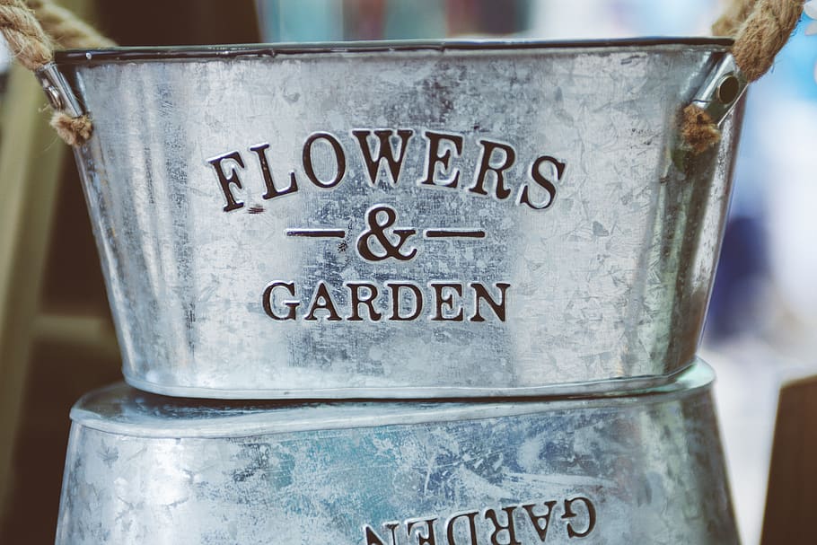 Gray Steel Flower and Garden Bucket, antique, blur, can, containers HD wallpaper