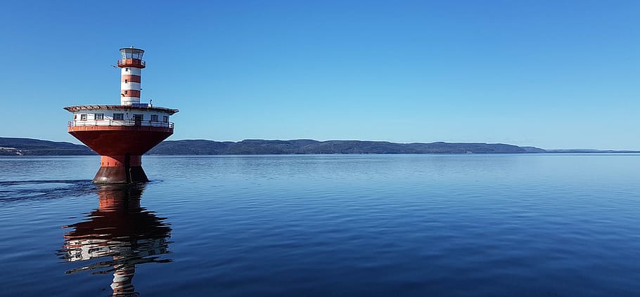 canada, sea, lighthouse, water, sky, travel, blue, tadoussac HD wallpaper
