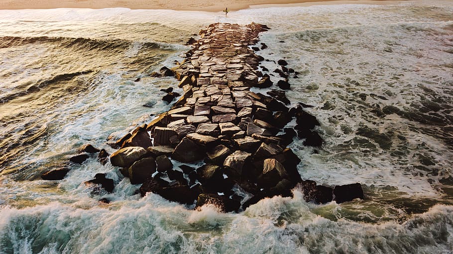 rock pathway on beach, outdoors, nature, water, sea, ocean, shoreline HD wallpaper
