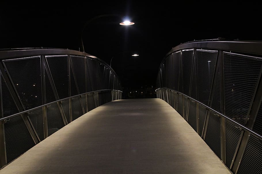bridge, pathway, light, dark, night, fence, illuminated, lighting equipment HD wallpaper