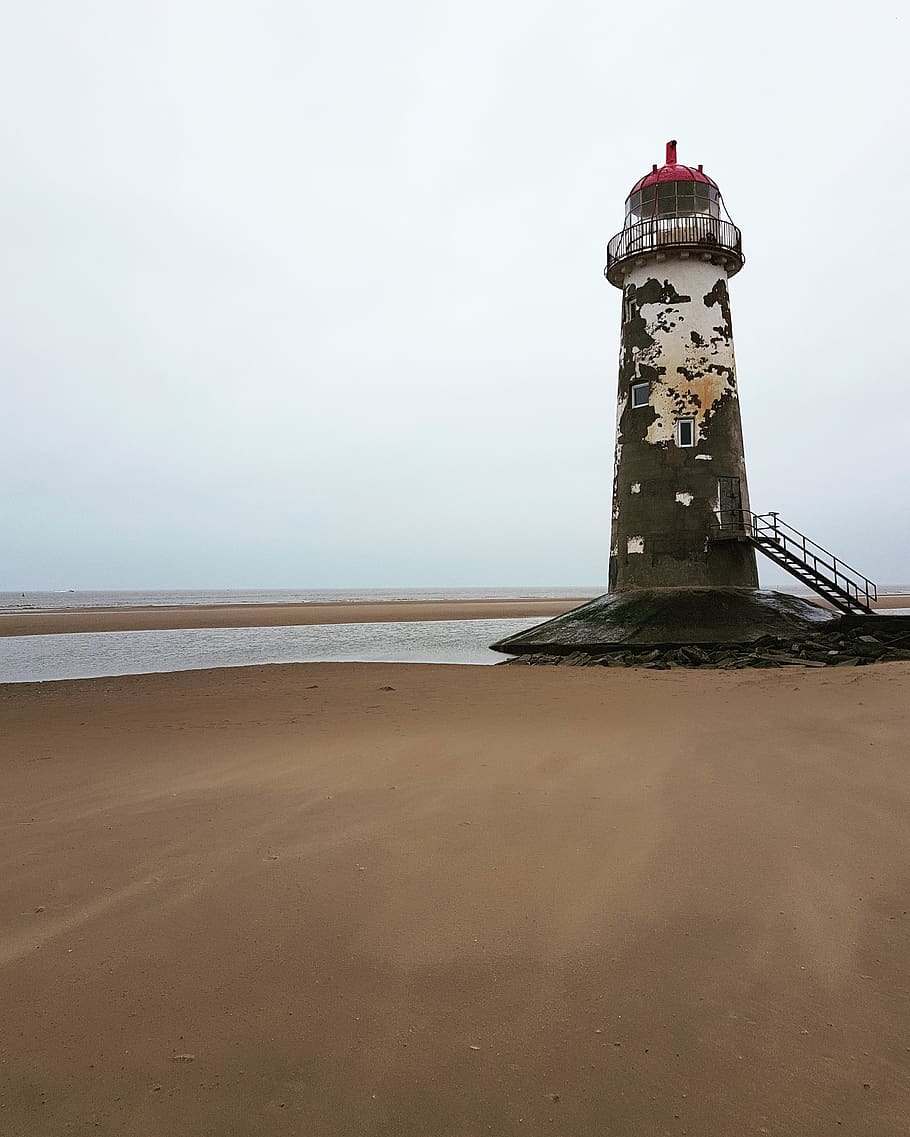 black and white lighthouse on beach, beacon, tower, sea, building HD wallpaper