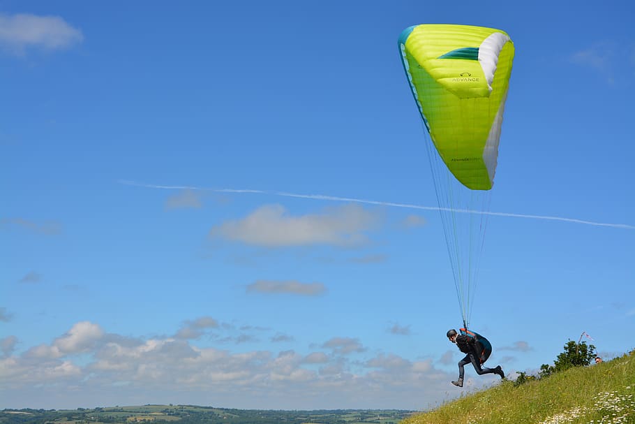 paragliding, paraglider, fifth wheel, baptism paragliding, granville normandy, HD wallpaper