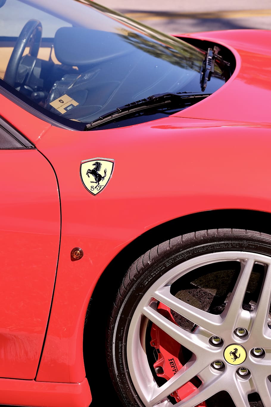 red Ferrari car, wheel, machine, spoke, alloy wheel, tire, car wheel HD wallpaper