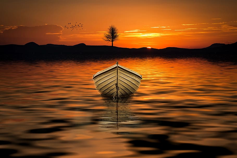 Brown Row Boat on Body of Water Painting, dawn, reflection, sky HD wallpaper