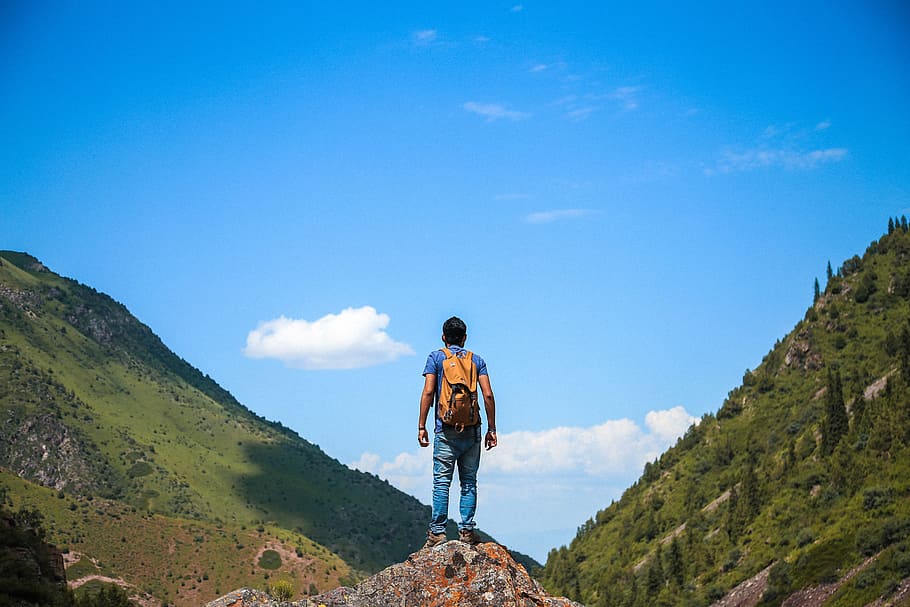 Man on Top of Mountain, adventure, backpack, climber, clouds HD wallpaper