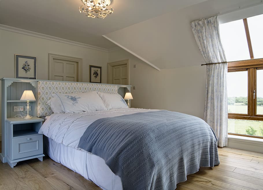 interior, bedroom, lamp, furniture, home, hotel, decor, residential HD wallpaper