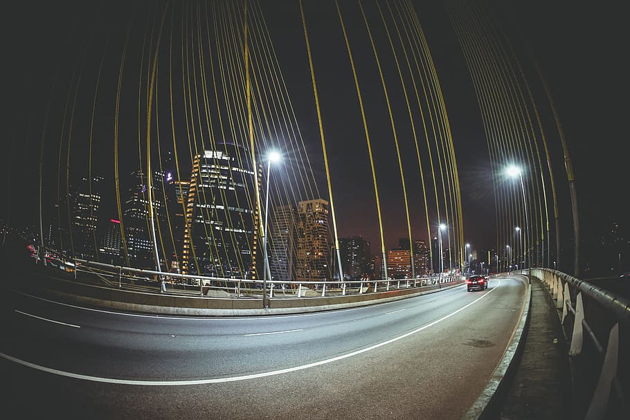 car on bridge, road, street, light, night, highway, traffic, cityscape HD wallpaper