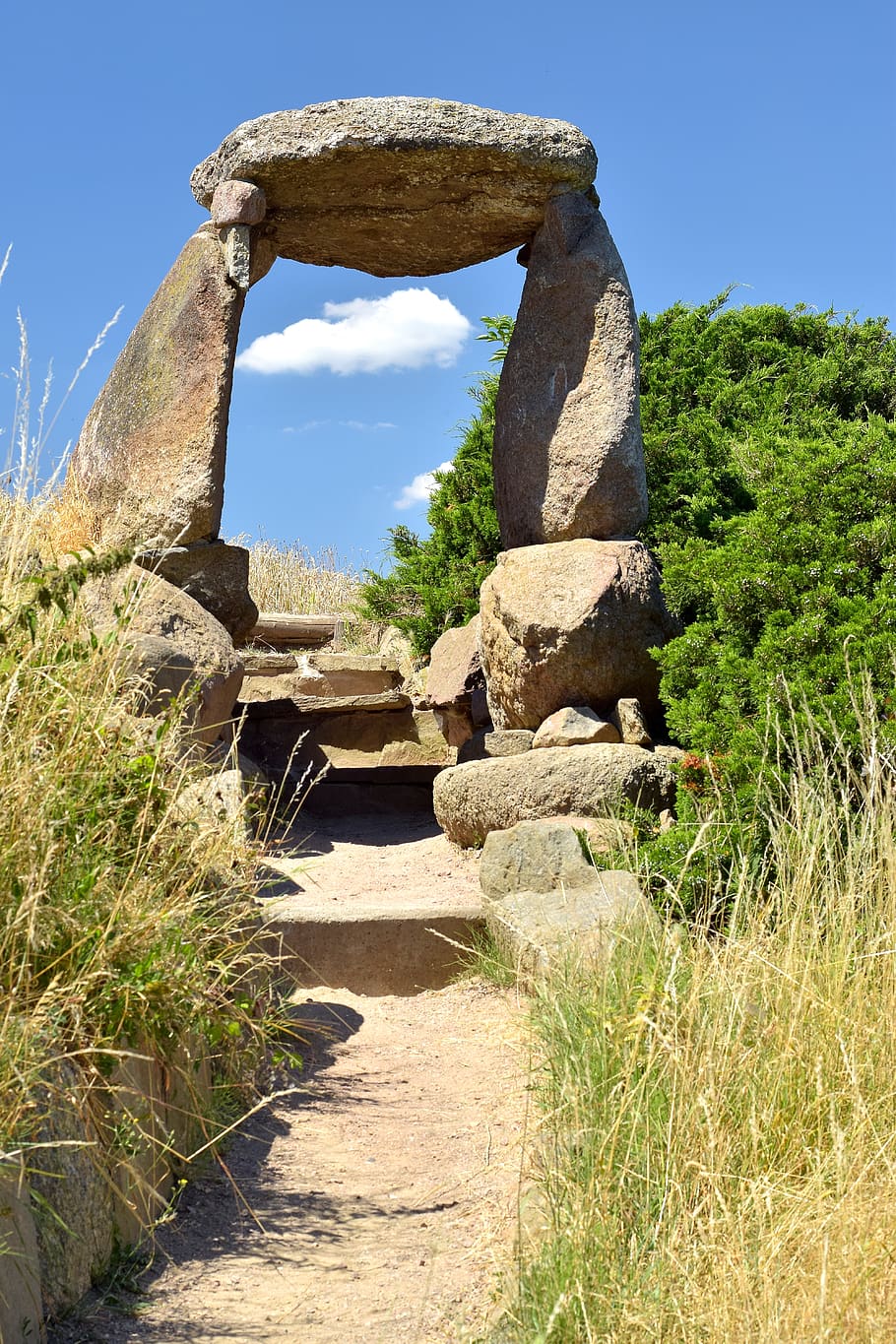 stone gate, cloud, sky, blue, mystical, away, mood, nature HD wallpaper