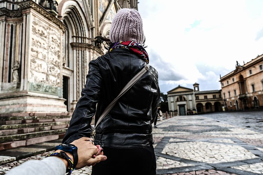 Photo of Man Holding Woman's Hand, adventure, architecture, back view HD wallpaper