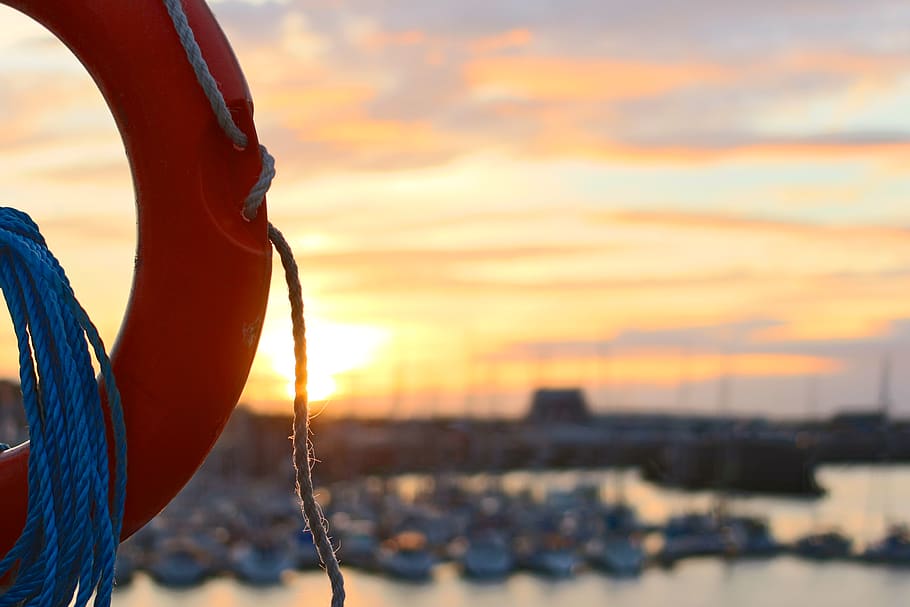 Red Life Ring With Rope during Golden Hour, lifebelt, sunset HD wallpaper