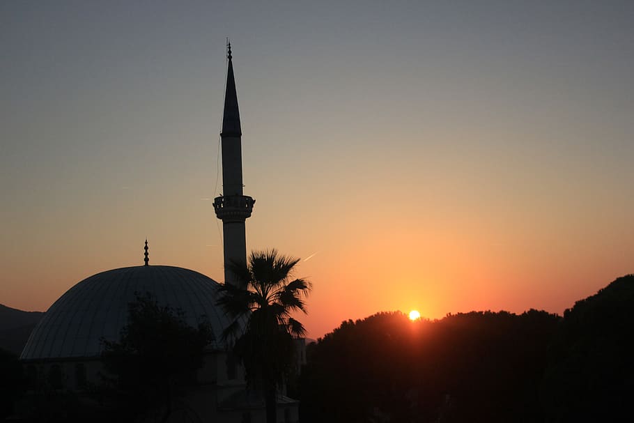cami, sunset, minaret, sky, mosquée, mosque, muslim, culture HD wallpaper