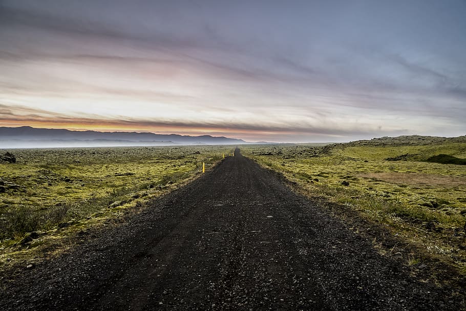 green grass field pathway scenery, icelandic road, sky, environment HD wallpaper