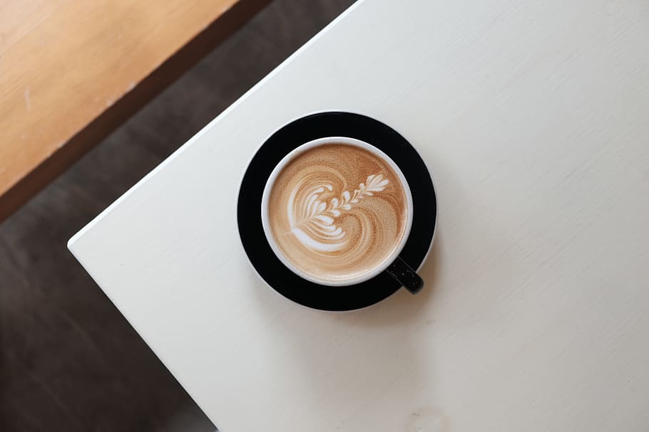 coffee in cup on white surface, beverage, latte, drink, coffee cup HD wallpaper