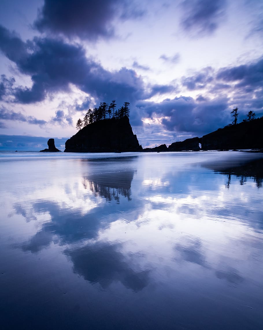 island under grey clouds during daytime, sky, cloud - sky, water HD wallpaper