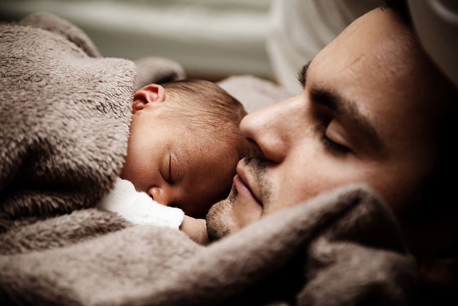 Sleeping Man and Baby in Close-up Photography, adorable, born
