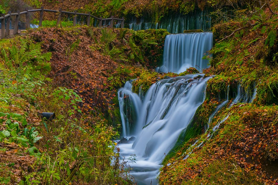 waterfall, river, motion, beauty in nature, long exposure, plant HD wallpaper