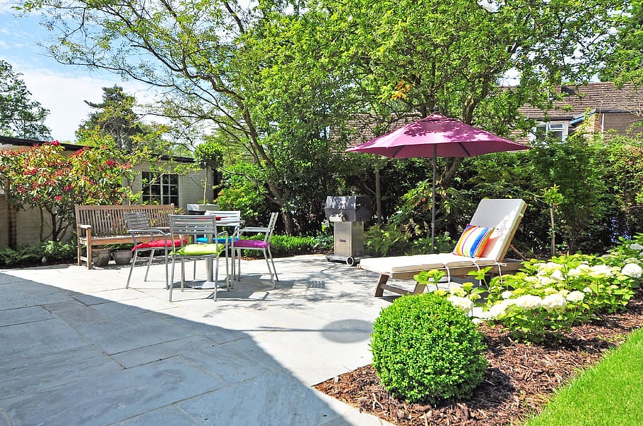 Sunlounger Near Umbrella and Plant, backyard, bench, daylight HD wallpaper
