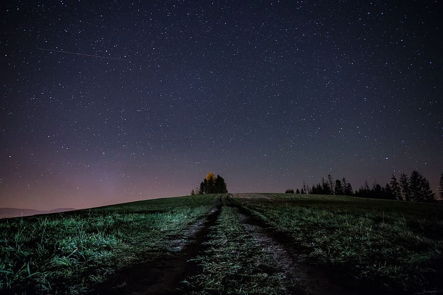 green grass field, nature, outdoors, space, night, universe, outer space
