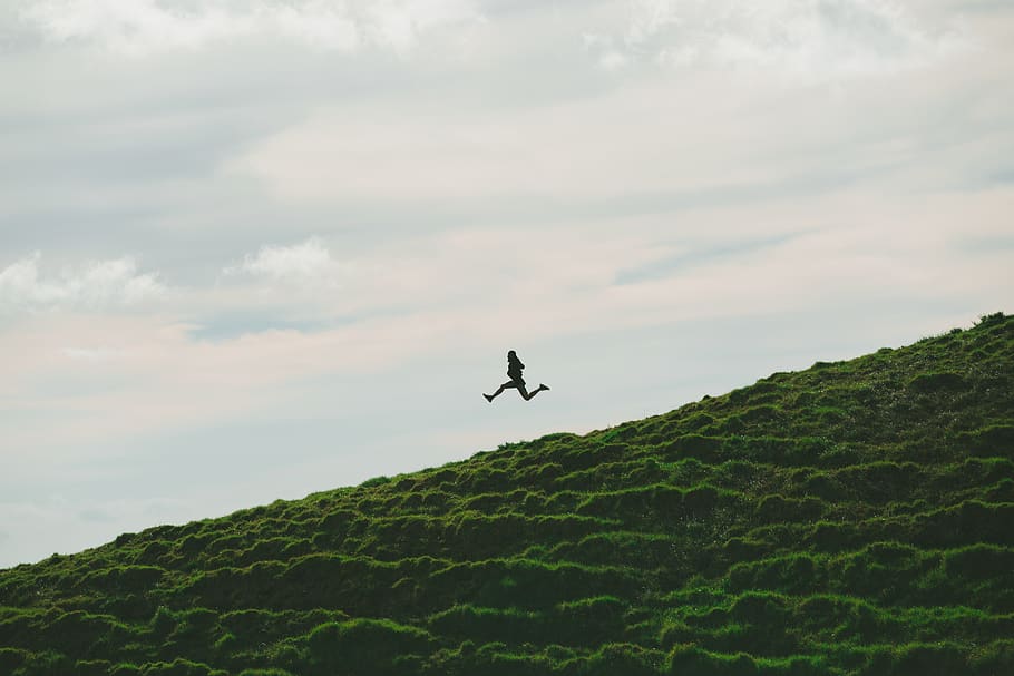 sky, clouds, nature, green, grass, highland, people, woman HD wallpaper