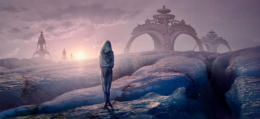 fantasy, glacier, ice, cold, figure, building, sun, light, mood HD wallpaper