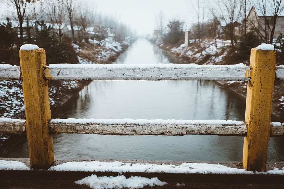 brown bridge near bare trees, nature, snow, winter, river, cold temperature HD wallpaper