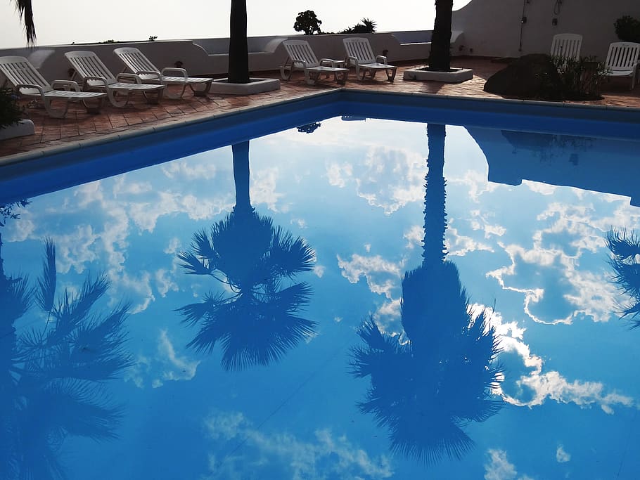 White Loungers Beside Swimming Pool, blue, clouds, comfort, daylight HD wallpaper
