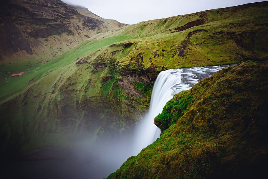 waterfall between green field during daytime, mountain, river HD wallpaper