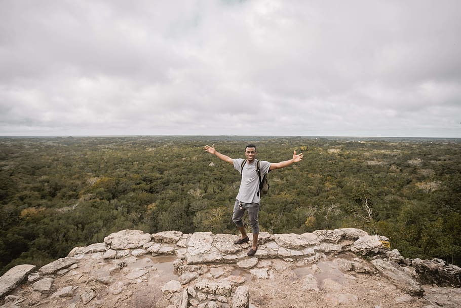 man standing on cliff, person, human, outdoors, nature, wilderness HD wallpaper