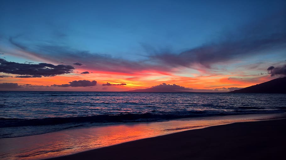 Silhouette of Beach, dawn, evening, evening sky, holidays, landscape HD wallpaper