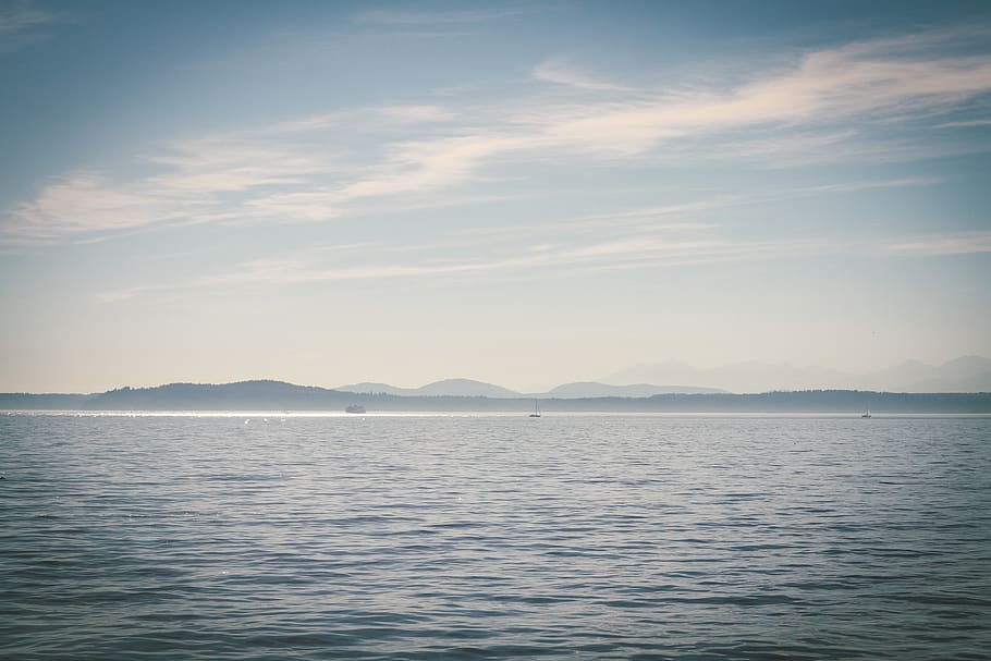 water, landscape, ocean, blue, nature, boats, mountains, ships HD wallpaper