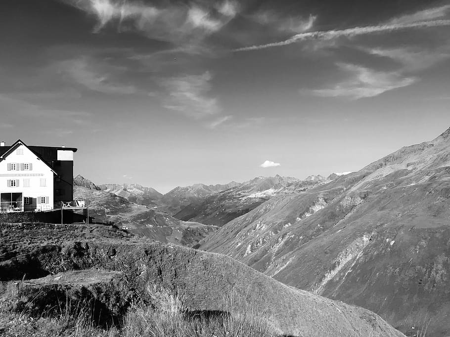 switzerland, realp, furkapass, black and white, mountains, hiking, HD wallpaper