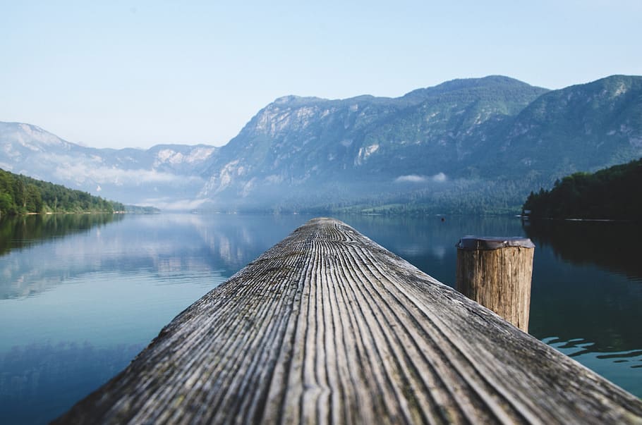 Brown Wooden Dock, adventure, alps, background, beautiful, blue HD wallpaper