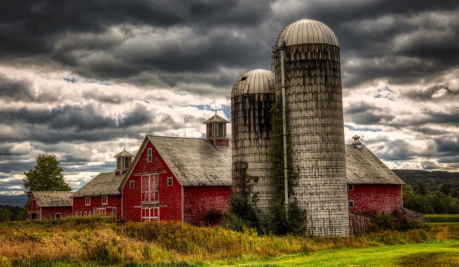vermont, new england, america, farm, sky, clouds, silos, barn, HD wallpaper