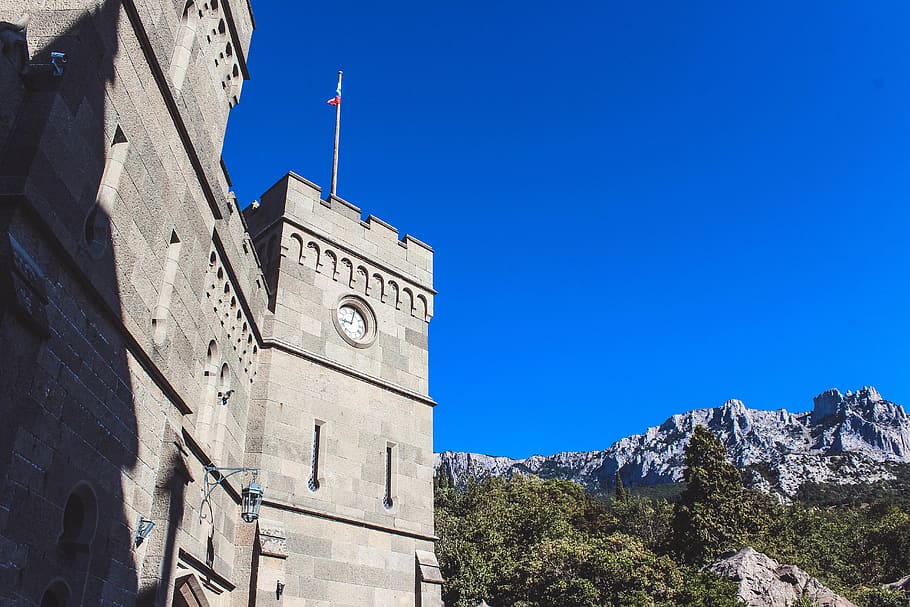 crimea, mountain, clock, sky, castle, architecture, built structure HD wallpaper