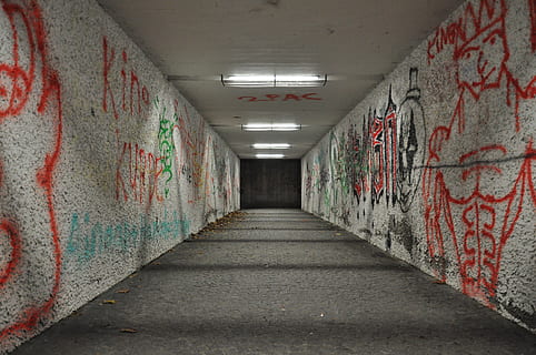passage, night, underpass, sprayer, graffiti, the way forward HD wallpaper