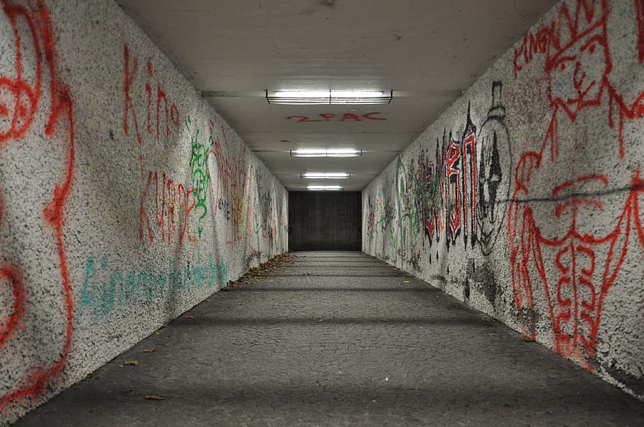 passage, night, underpass, sprayer, graffiti, the way forward, HD wallpaper