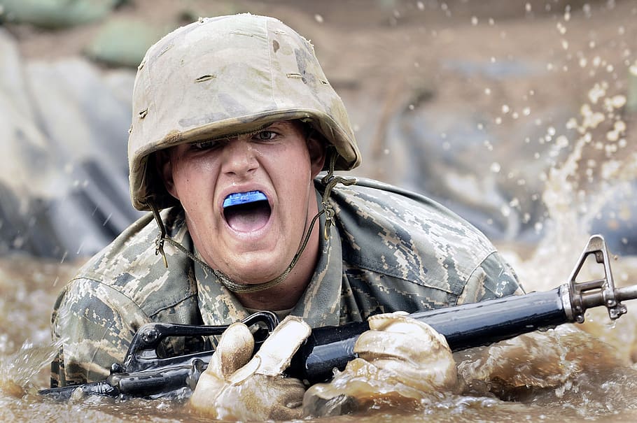 Army Holding Rifle on Water in Close-up Photography, crawling