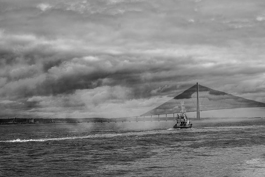 boat, normandy bridge, sea, sky, architecture, landscape, water HD wallpaper