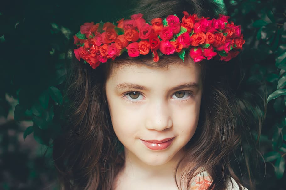 Girl Wearing Red Flower Headband, adorable, attractive, beautiful