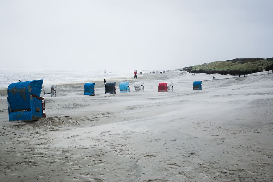 germany, juist, beach, land, sand, sea, water, sky, hooded beach chair