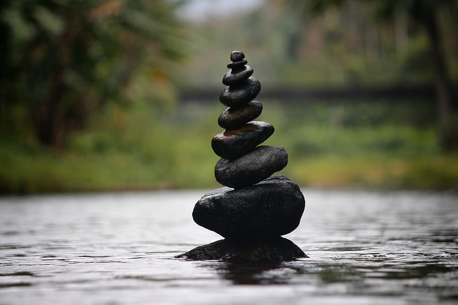 Black Stackable Stone Decor at the Body of Water, balance, blur, HD wallpaper