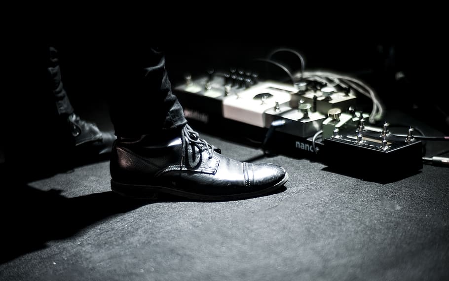 person's feet standing near effects pedals, shoe, foot, guitar, HD wallpaper