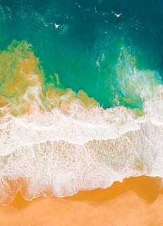 birds eye view of beach shore, water, wave, sand, green, turquoise HD wallpaper