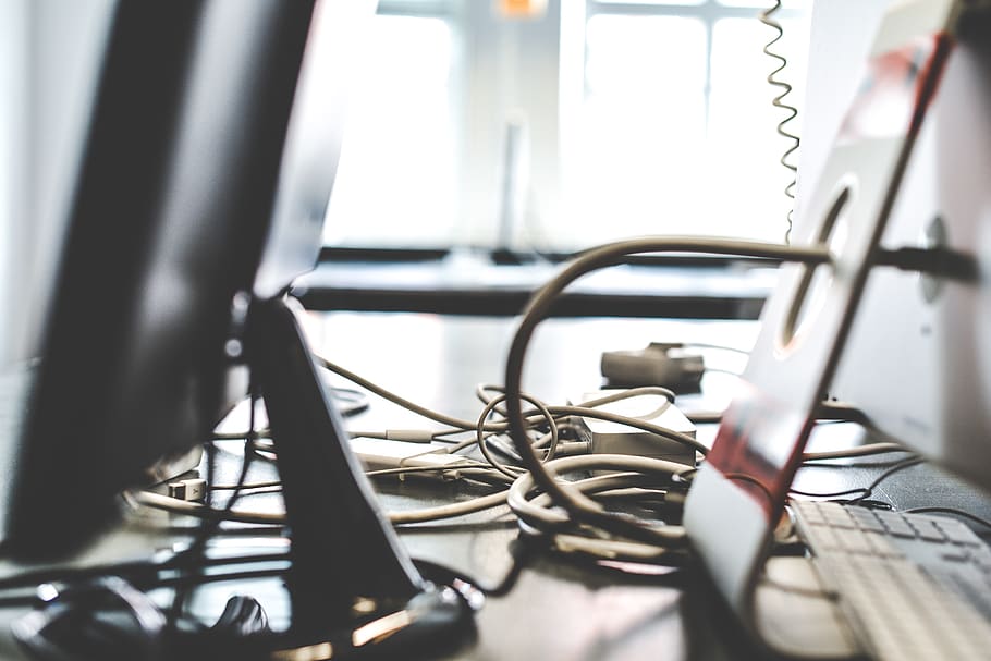 pc, workspace, screen, desk, cable, office, indoors, no people HD wallpaper