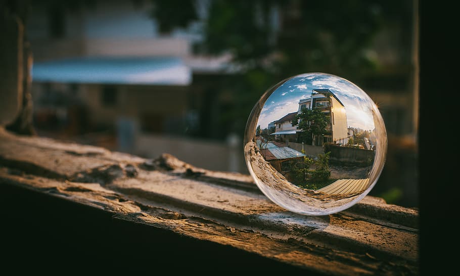 Clear Glass Sphere, blur, close-up, daylight, environment, glass items HD wallpaper
